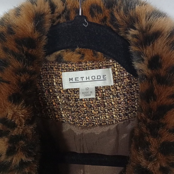 Methode Jacket Womens 12 Brown Blazer Fur Trim Animal Print Business Old Money - Picture 4 of 7